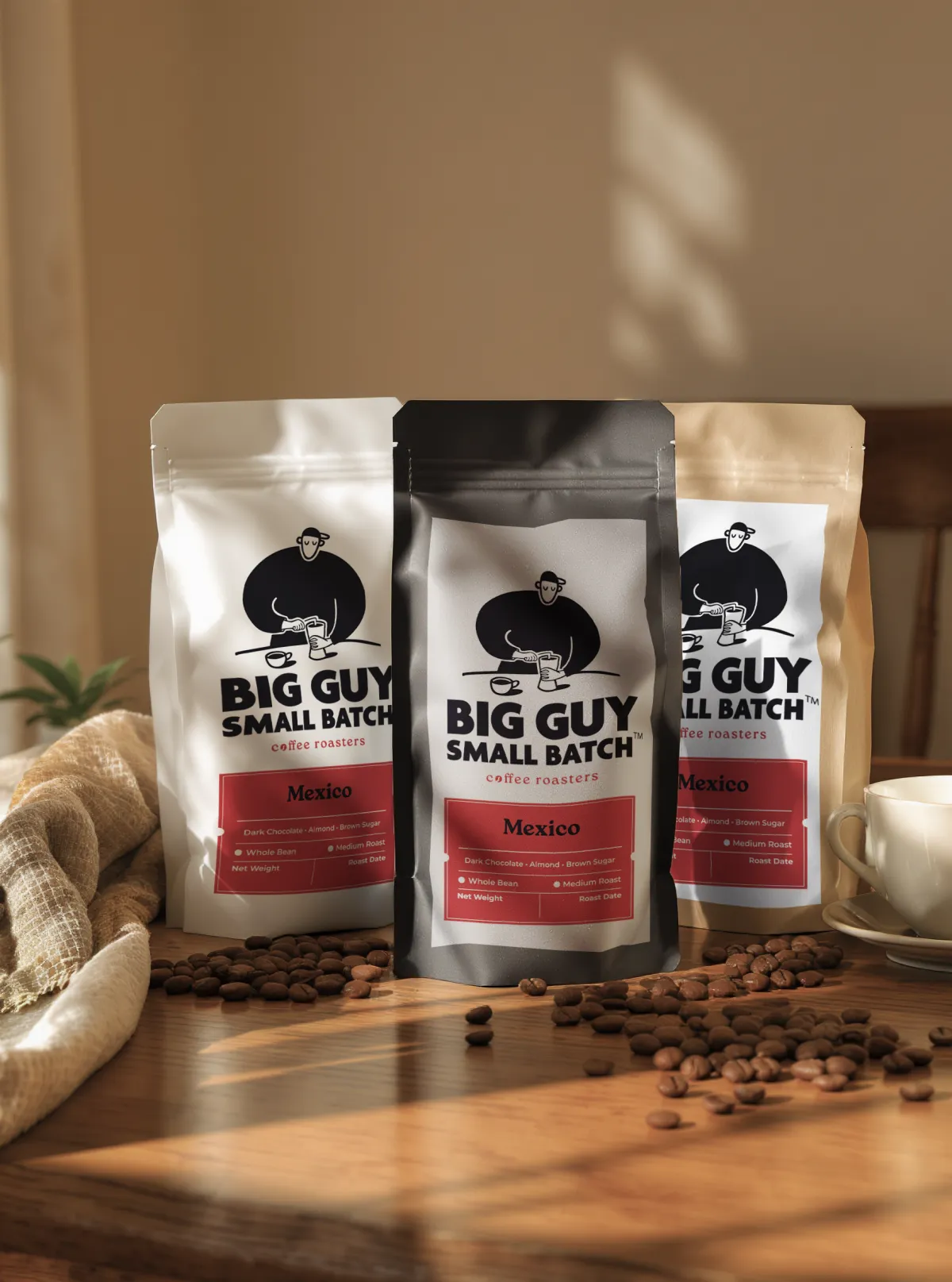 A bag of Big Guy Small Batch Mexico Chiapas medium-dark roast coffee
